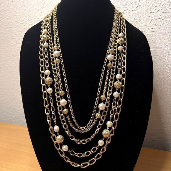Gold-Tone Faux Pearl Bead Multi Chain Statement Necklace 34.5 in 5 Strand - Picture 8 of 16